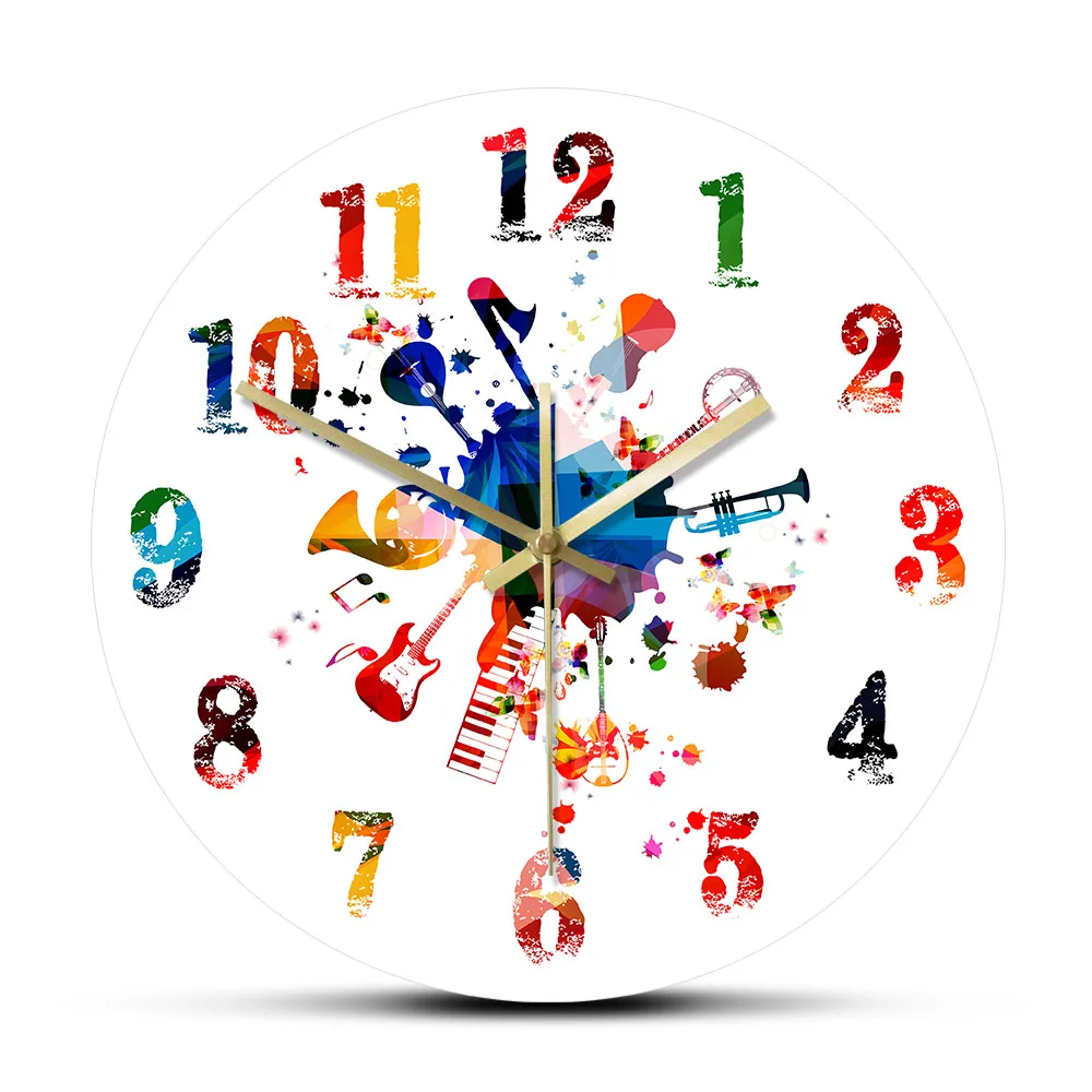 

Classical Music Instruments With Watercolor Numbers Decorative Wall Clock Colorful Art Painting Music Studio Hanging Wall Watch
