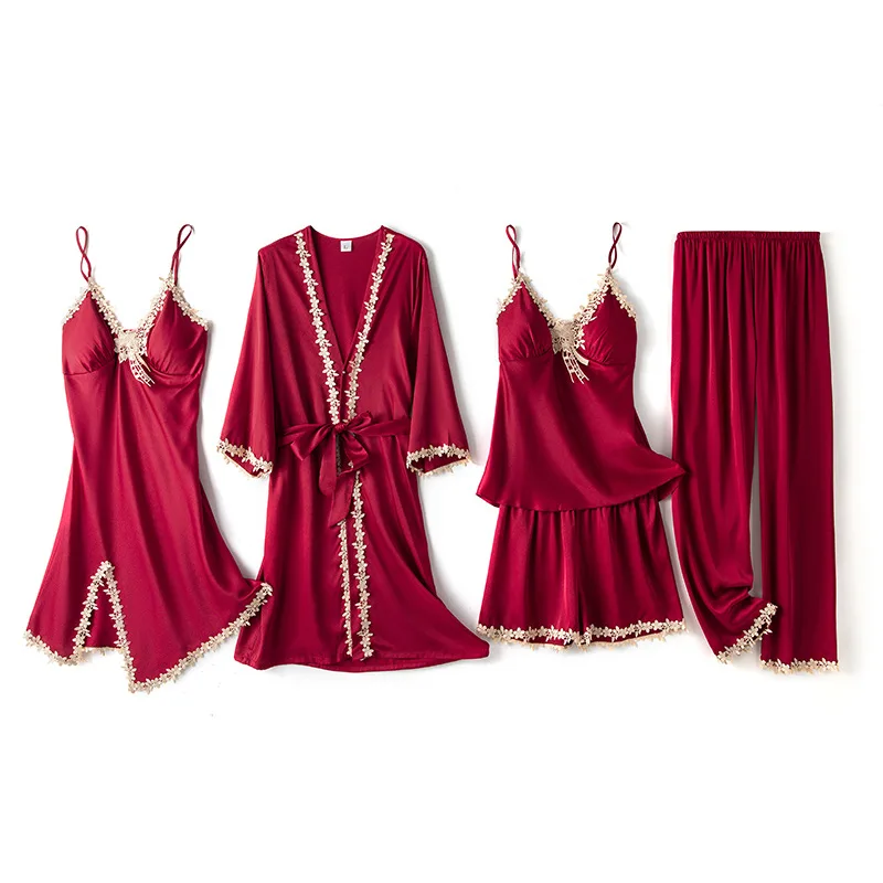 

Пижамный комплект Женский атласный из 5 предметов, пикантная ночная рубашка с V-образным вырезом, халат-кимоно, повседневный свободный пижам...