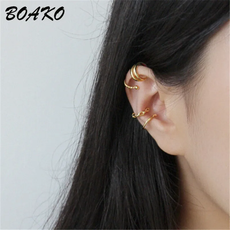 BOAKO, 1 шт., каффы для ушей, хрящи, клипсы для ушей, для женщин, не прокалываются, скрученные, маленькие, ушные каффы, 925 пробы, серебряные ювелирные изделия