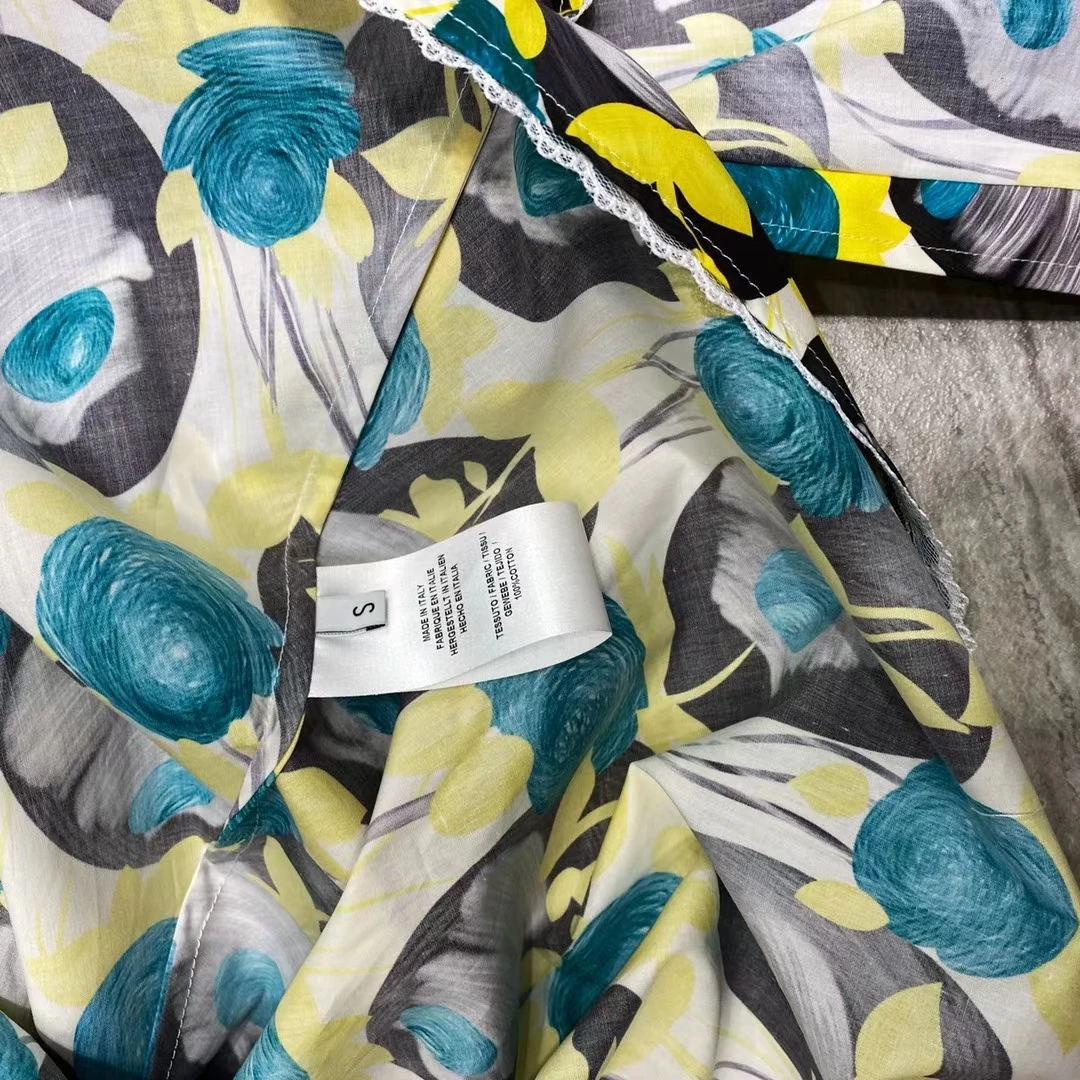 

Summer High Street Designer 100% Cotton Prom Gown Lady Turn Down Collar Print Waistband Midi Long Casual Women Vestido