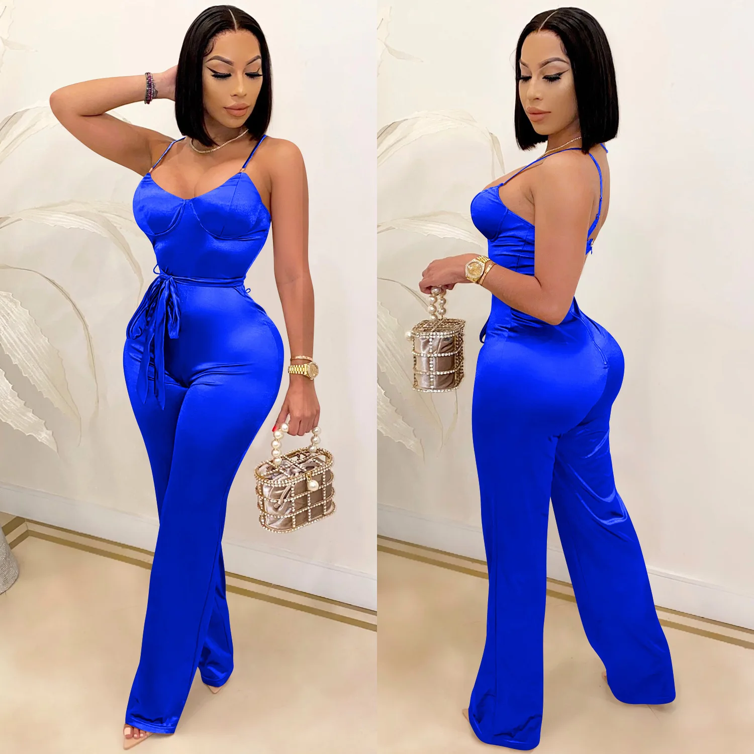 New Women Spaghetti Strap Sleeveless Straight Jumpsuit Women Sexy Club Open Back High Waist Rompers One Piece Overalls Plus Size