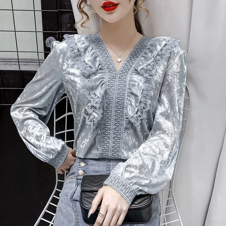Осенне-зимняя женская блузка 2020 кружевная бархатная Блузка с V-образным вырезом и