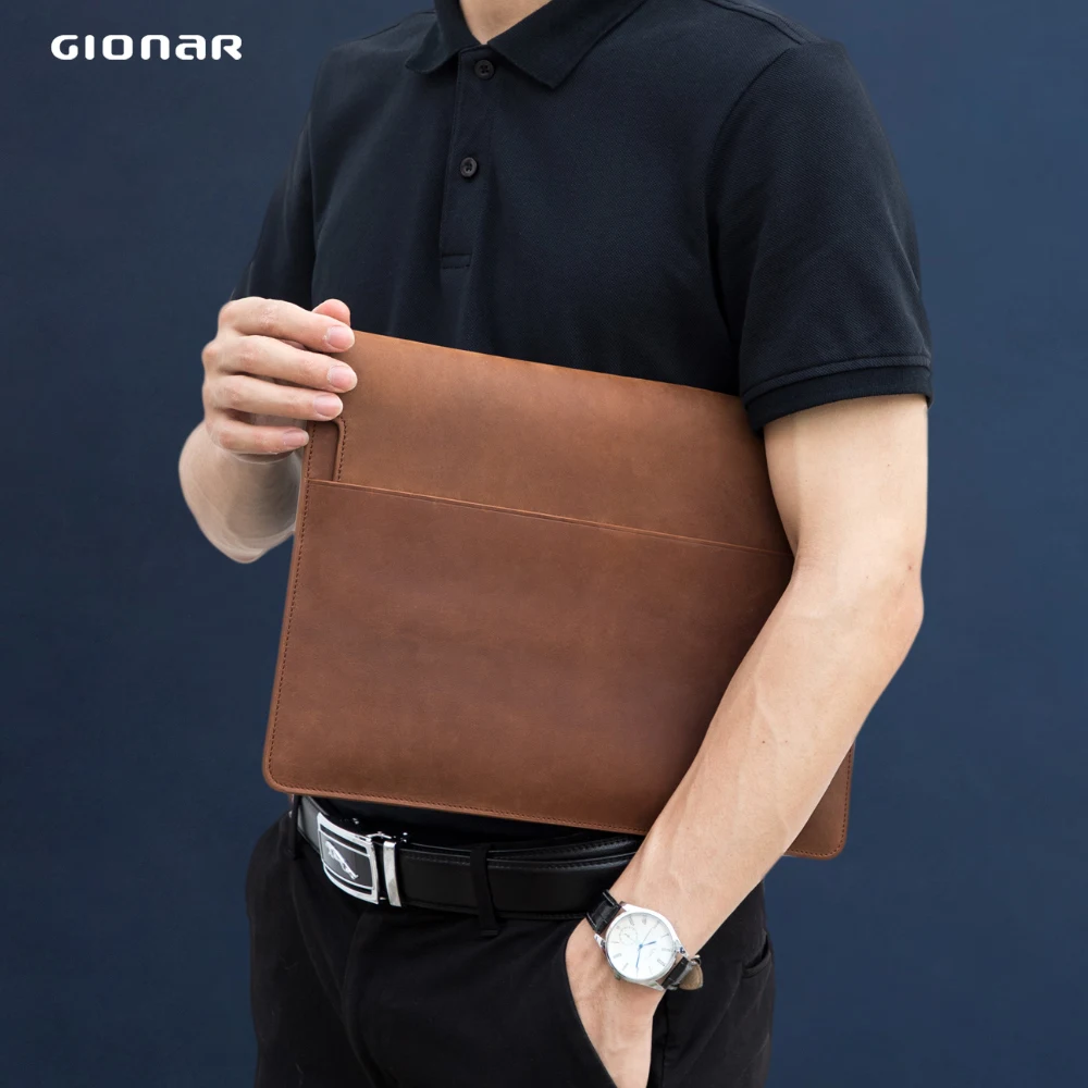 

GIONAR Crazy Horse Leather Laptop Tablet Sleeve Protective Bag Mens Large Clutch Business Vinatge Real Cow Hide Envelope Bag