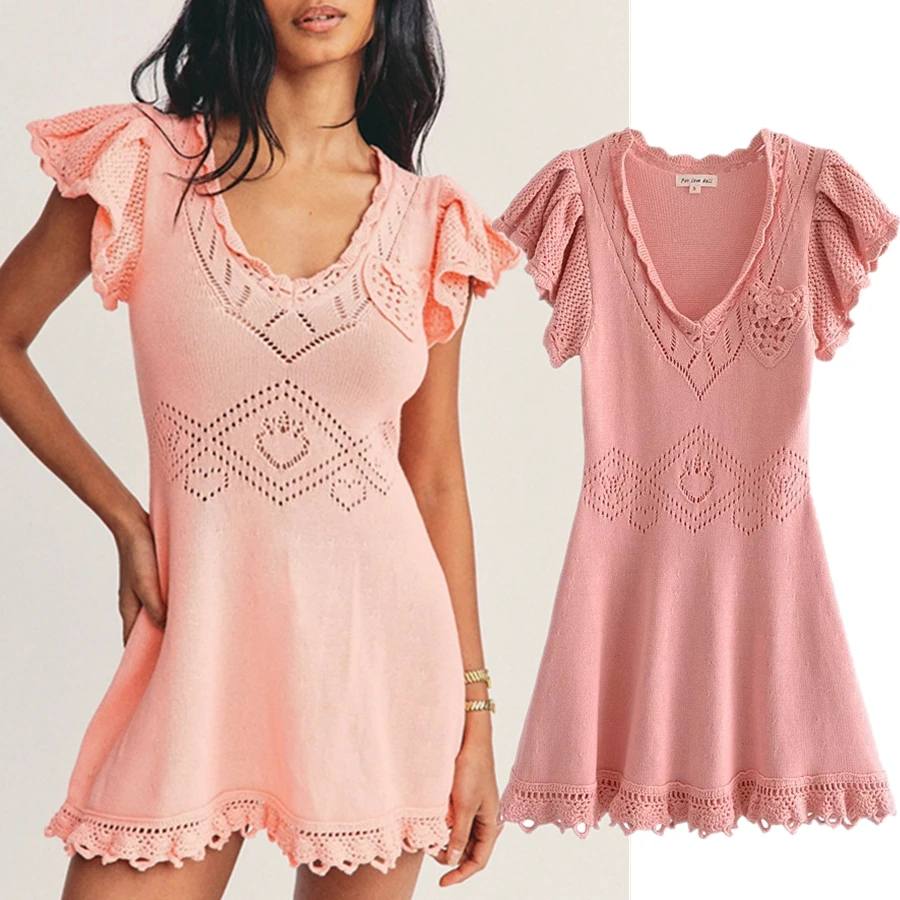 

Jenny&Dave Mini Dress Summer Dress Women Vestidos Indie Folk Bohemian Hollow Out Knitted Ruffles Elastic Sexy V-neck Sheath