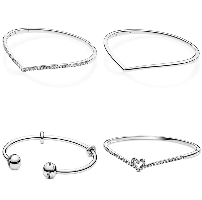 

Authentic 925 Sterling Silver Sparkling Heart Wishbone With Crystal Bracelet Bangle Fit Women Bead Charm Diy Fashion Jewelry