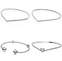 authentic 925 sterling silver sparkling heart wishbone with crystal bracelet bangle fit women bead charm diy fashion jewelry