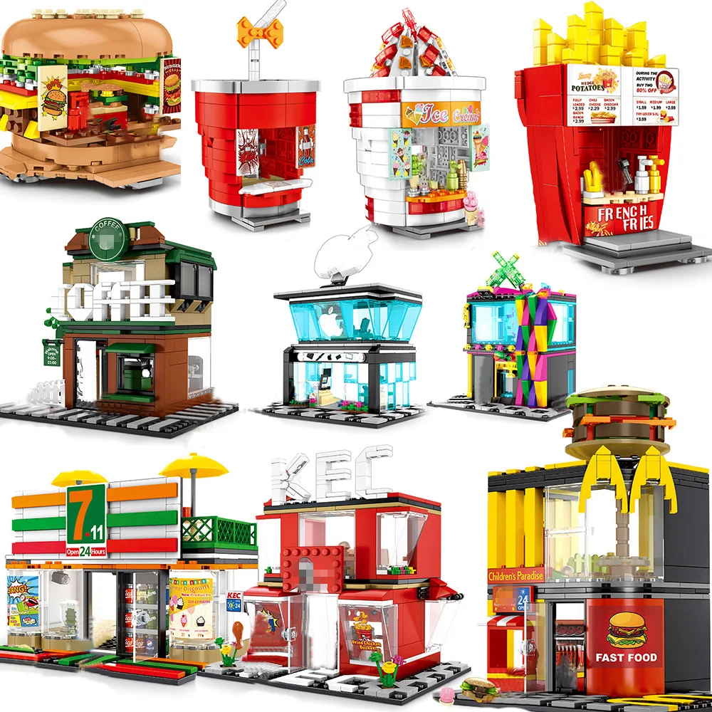 

Mini shop market street view sets model building blocks hamburger restaurant retail store creator architecture friends girl city