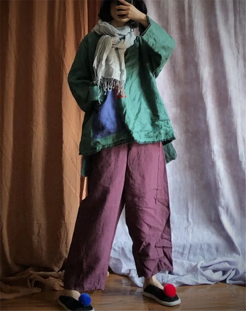 

Original pure linen double layer thickened, autumn and winter contrast color loose blouse women's oversized women's wear