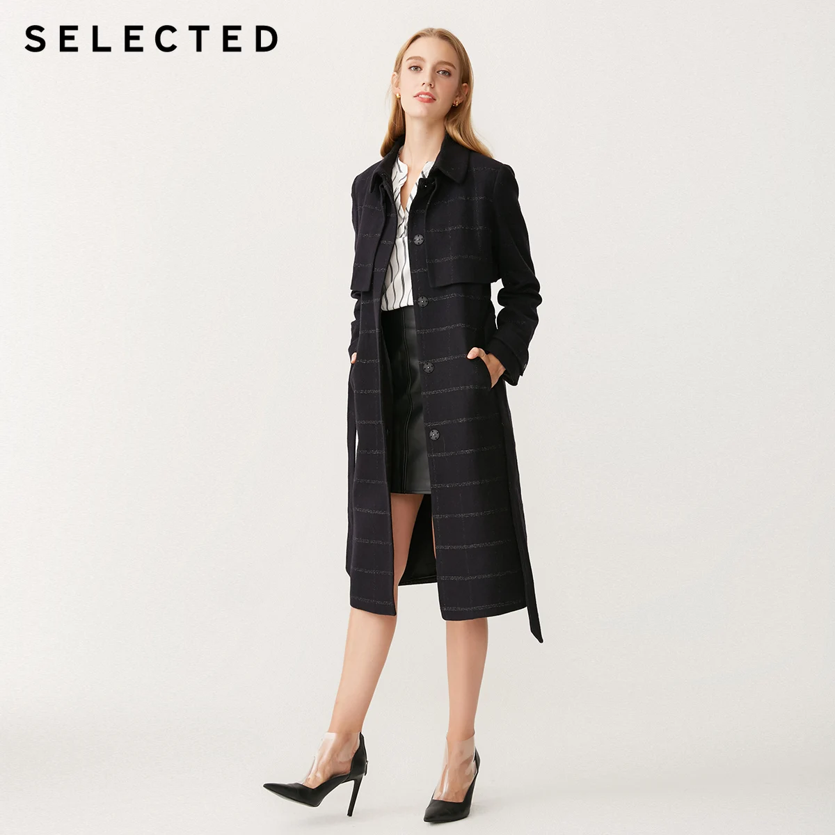 Избранное женское осенне-зимнее шерстяное пальто средней длины в полоску | 418427511