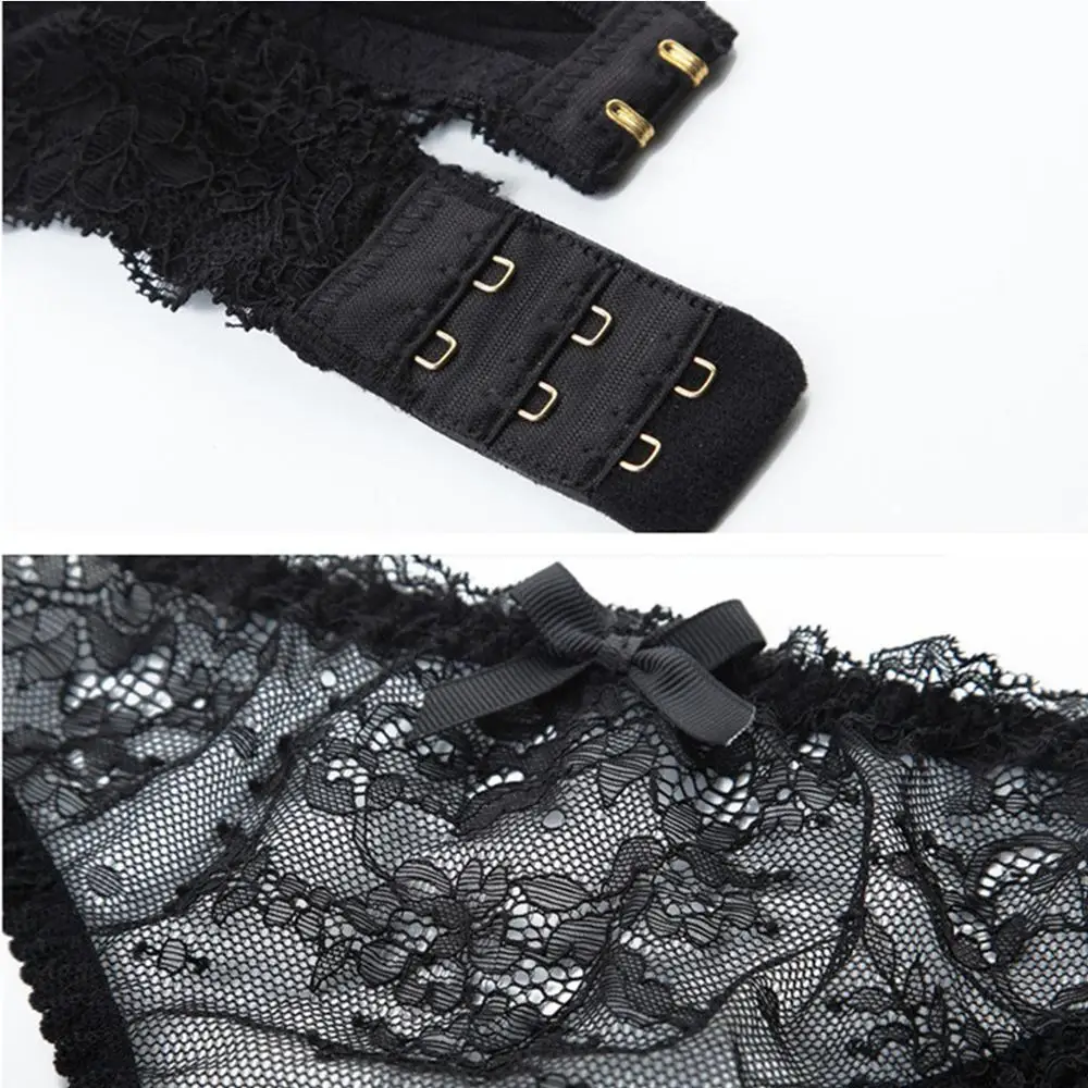 

SXTHAENOO 4Pcs Set Plus Size Women Bra+Panty+Garters+Stockings Sexy Lingerie Set Lace Transparent Push Up Underwear Bra Set