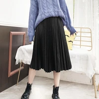 2022 spring new womens sheepskin leather elastic waist pleated mid length skirt e10