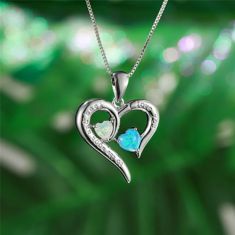 

Cute Female White Blue Opal Pendant Necklace Rose Gold Silver Color Chain Necklaces For Women Luxury Love Heart Wedding Necklace
