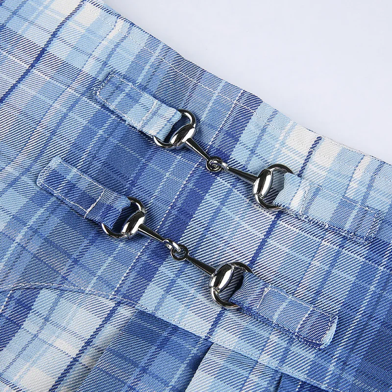 

Cute Sweet Girly College Style Newest 2021 Summer Mini Jupe Sexy Women's Blue Color Plaid Design Slim-fit Pleated Sexy Skirt