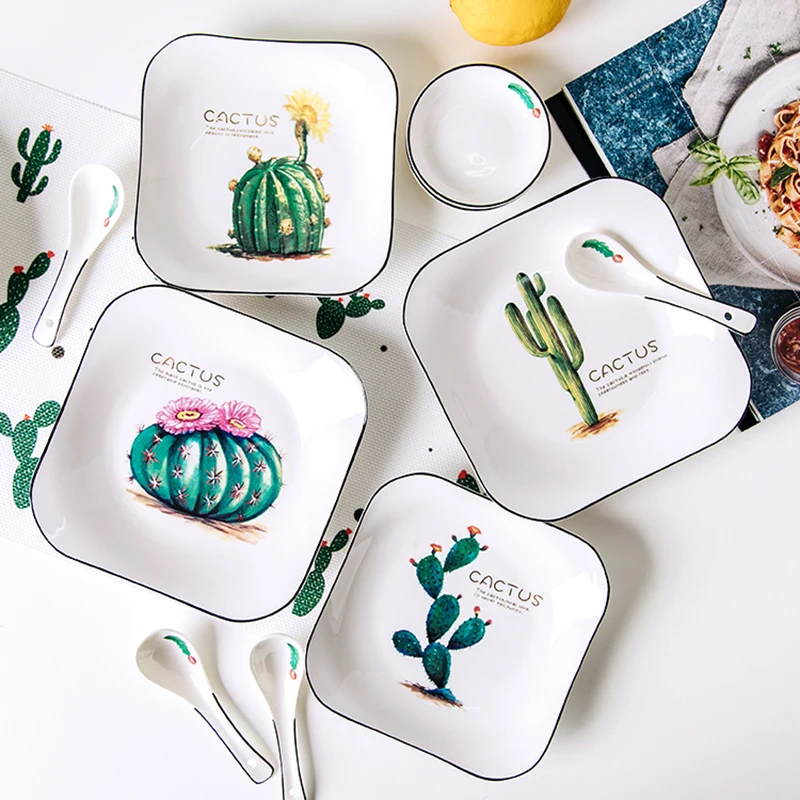 Креативная круглая квадратная керамическая тарелка с КАКТУСОМ и черным краем