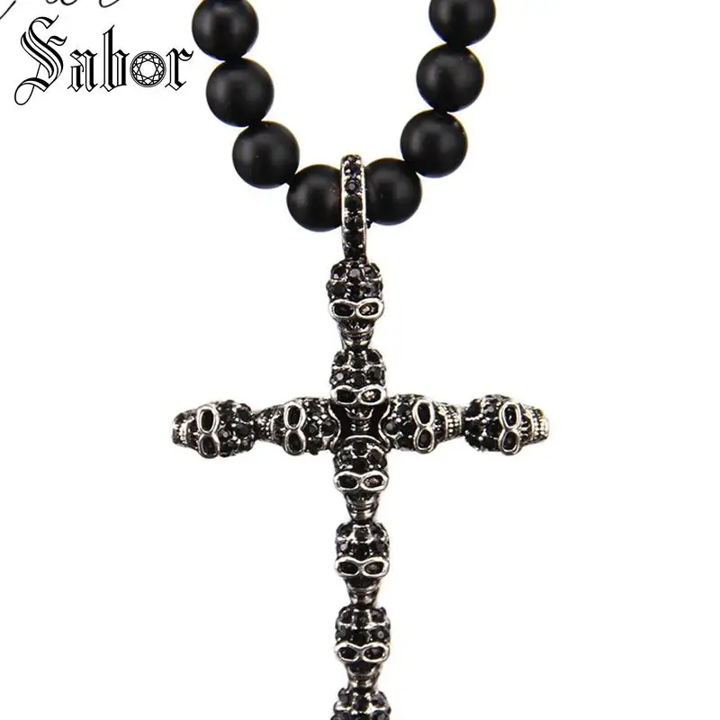 Матовый черный обсидиан бусы & черепа крест кулон ожерелье Rebel ювелирные изделия