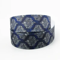 free shipping fashion ethnic style blue flower printed grosgrain ribbon geometric 10 yard garment diy bows material ribbons