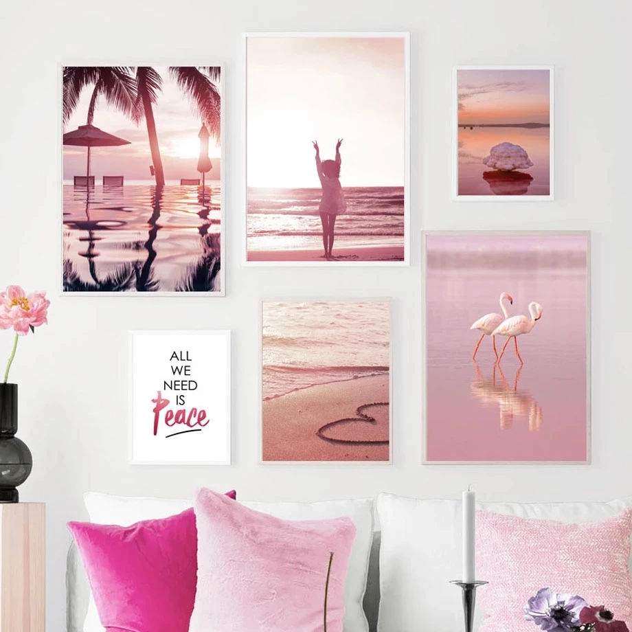 

Pink Romantic Seascape Wallpaper Poster Girl Back View Swan Canvas Painting Beach Shell Decoration Home Art Picture Prints
