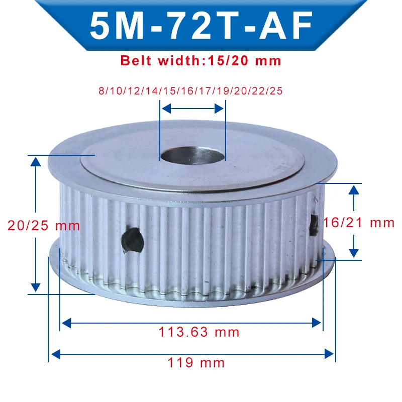 

5M-72T Pulley Bore 8/10/12/14/15/16/17/19/20/22/25 mm Aluminum pulley wheel Slot Width 16/21 mm For Width 15/20mm 5M-Timing Belt