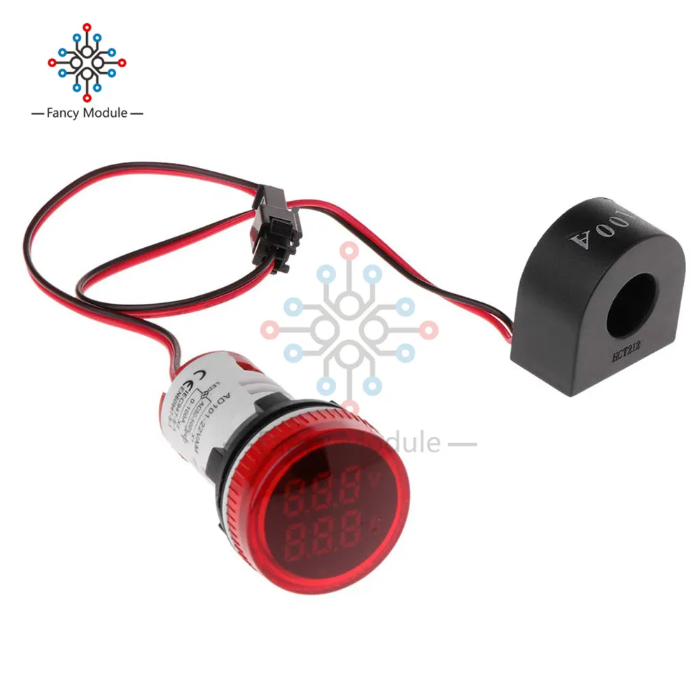 Circle Red Diymore 22 мм квадратный/круглый светодиодный Вольтметр Амперметр Герц метр AC 50-500 В 0-100A 20-75 Гц Ампер Вольт Частотный индикатор с катушкой - Цвет: Circle Red
