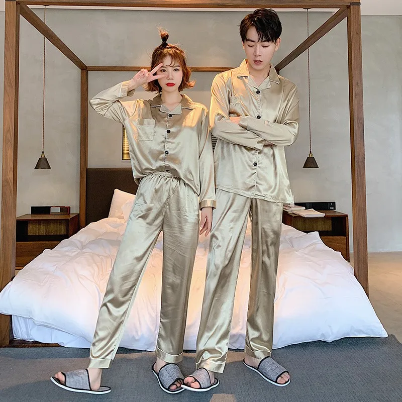 Champagne Couple Silk Satin Pajamas Pyjamas Set Long Sleeve Sleepwear Pijama Pajamas Suit Women And Man Sleep 2PC Set Loungewear