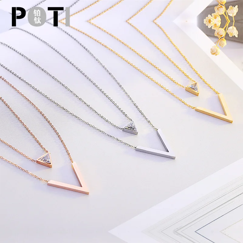 

TSHOU192 модное натуральное V-образное двойное ожерелье из титановой стали, женский кулон из нержавеющей стали