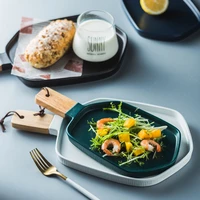 nordic ceramic western food plate breakfast plate flat plate with wooden handle plate household tableware irregular plate