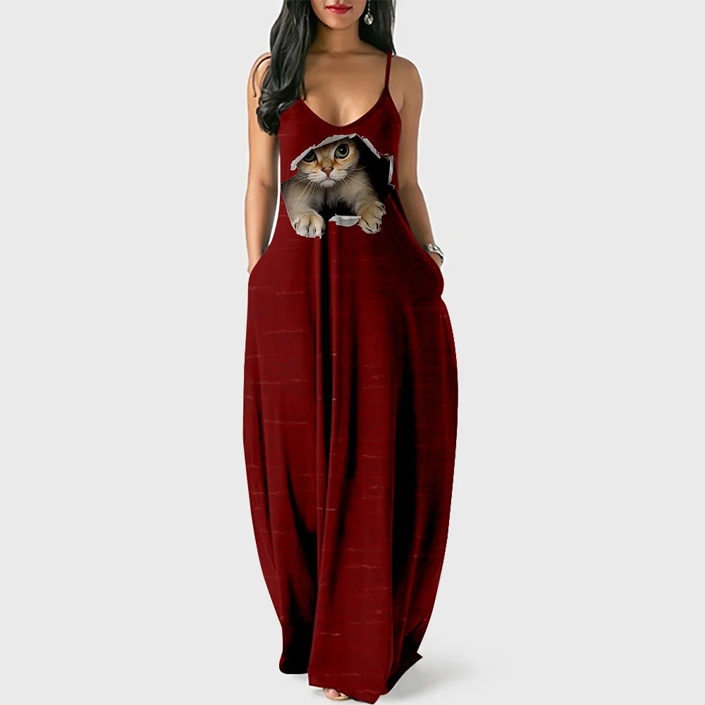 

2022 Spring Summer Women Maxi Dress Casual Loose Long Sling Dresses Cat Print Sexy High Split Ladies Beach Holiday Halter Dress