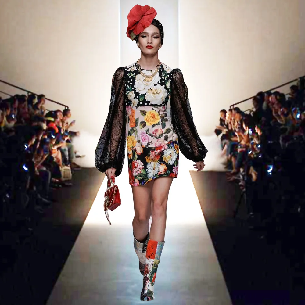 

Cross-border 2021 spring the new women's clothing collar type of temperament in bud silk printed lantern sleeve dress