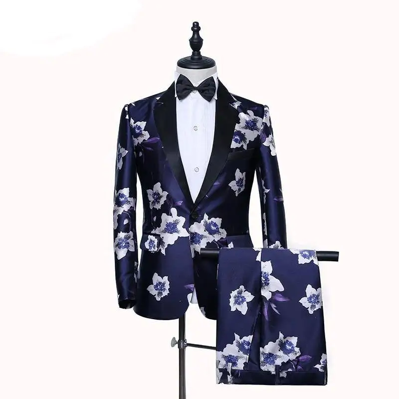 Men's Blue 2 Pieces Suit Notch Lapel Floral Print Groom Tuxedo Party Prom Singer Male Stage Show Costume