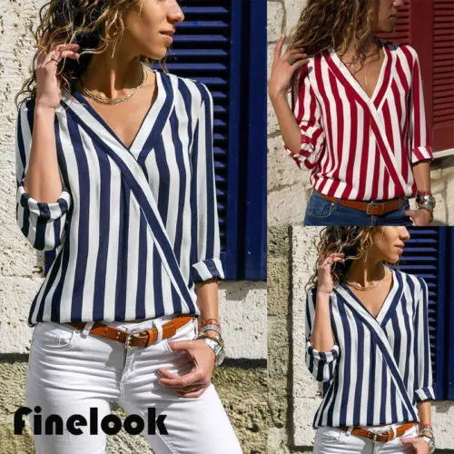 Женская блузка в полоску с длинным рукавом и V-образным вырезом | одежда