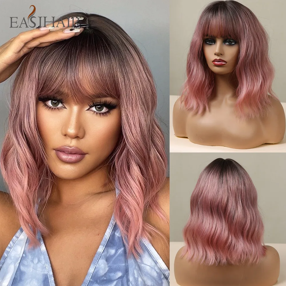 

EASIHAIR Bob Ombre Pink Wavy Wigs with Bangs Natural Synthetic Curly Hairs for Women Heat Resistant Daily Cosplay Lolita Wigs