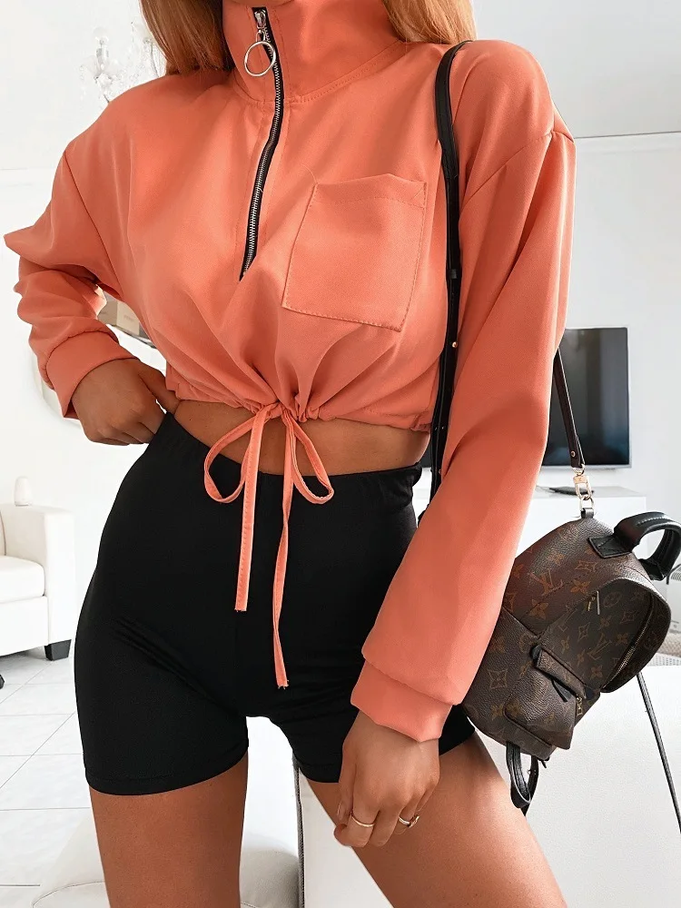 

Autumn And Winter Women's Standing Collar Long Sleeve Jacket Coat Drawstring Short Coat Top Women Outwear