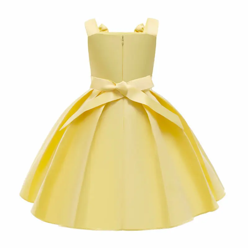 

Kid Girl Sleeveless Dress Summer Lovely Yellow Bow Decoration Skirts Waist Fashion Fold Design Off Shoulder Party Princess Skirt