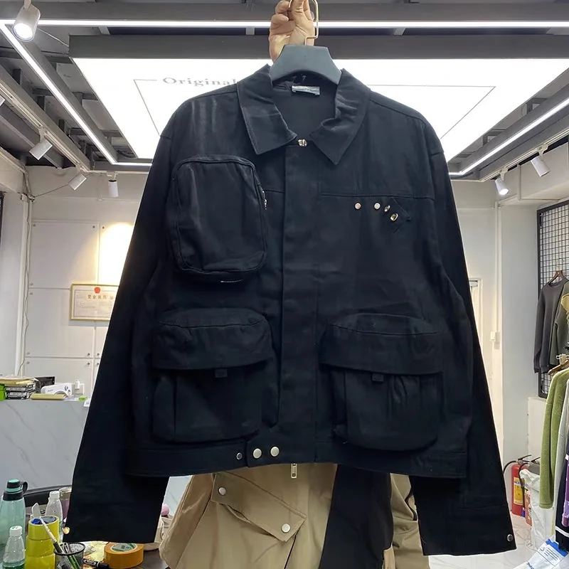 

Multi-pocket coverall lapel plain zip jacket