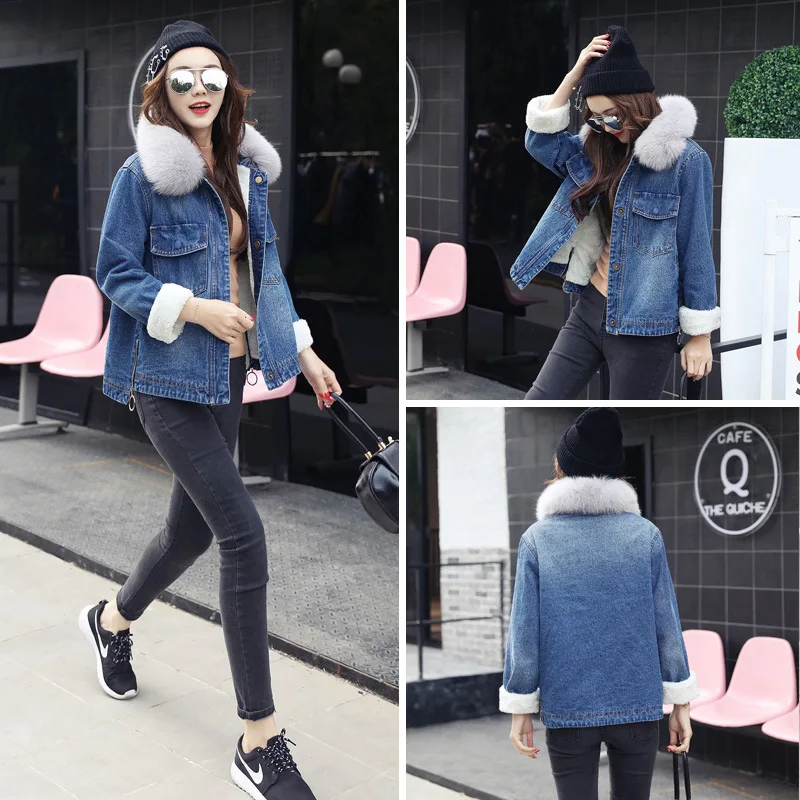 

2023 Denim Jacket Winter for Women Fur Collar Oversize Parka Short Cotton Coat Woman Faux Cashmere Thick Jackets KJ770 s