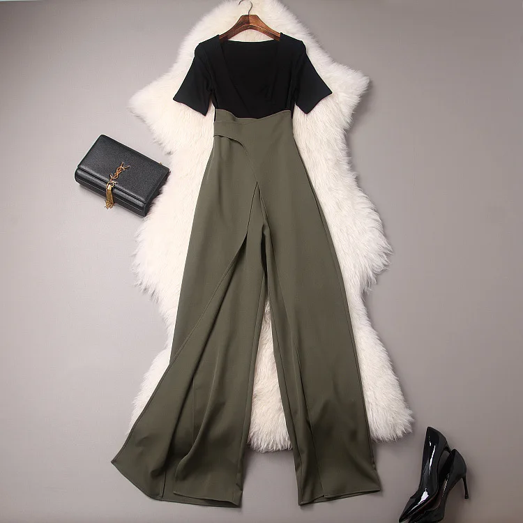 

Summer women's new sexy V-neck short sleeve slim fit high waist splicing wide leg pants split Jumpsuit
