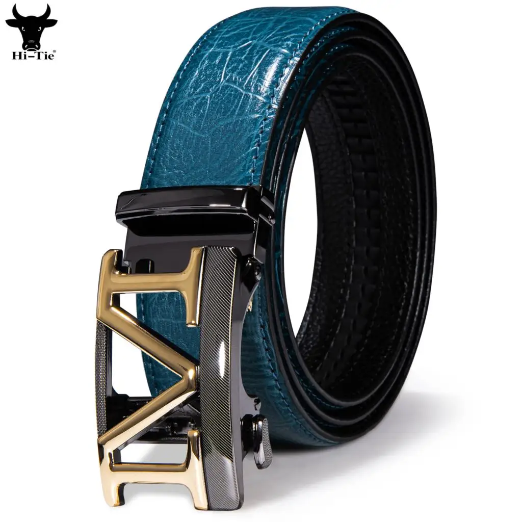 Hi-Tie M Letter Automatic Buckles Men's Belts Blue Emboss Leather Ratchet Waistband Belt for Men Jeans Dress Wedding Business XL