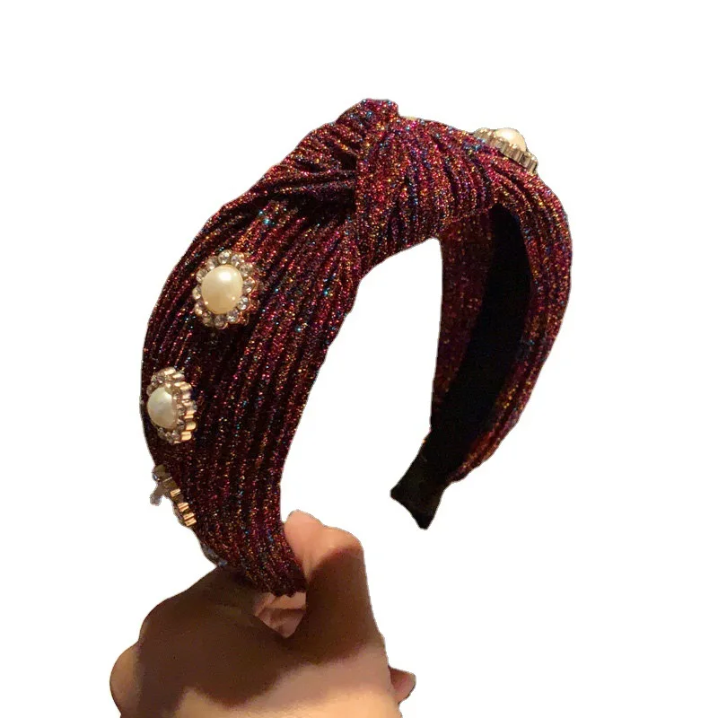 

2021 New women vintage Rainbow Glitter Twist hairbands with beads girl's headbands lady's Serge headwear hair accessories