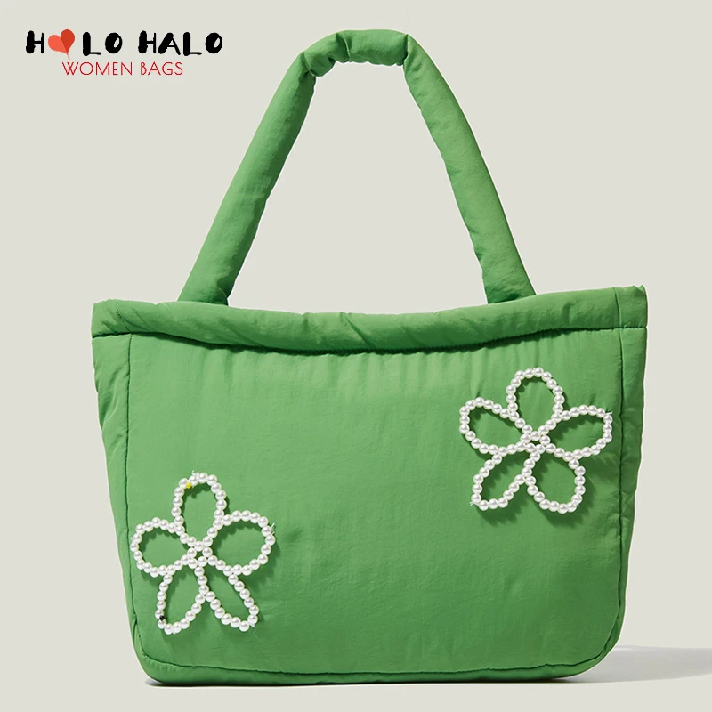 

Модная вместительная Хлопковая Сумка-тоут, повседневные женские сумки на плечо, простые нейлоновые однотонные кошельки с цветами и жемчужи...