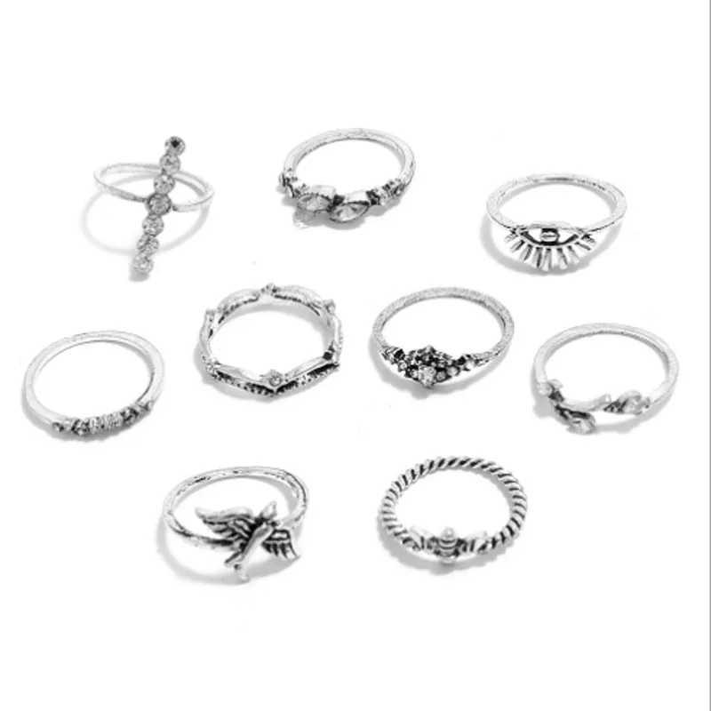 GTQ 9 шт./компл. в богемном стиле винтаж Серебро Цвет птица пчелиный глаз полый лист