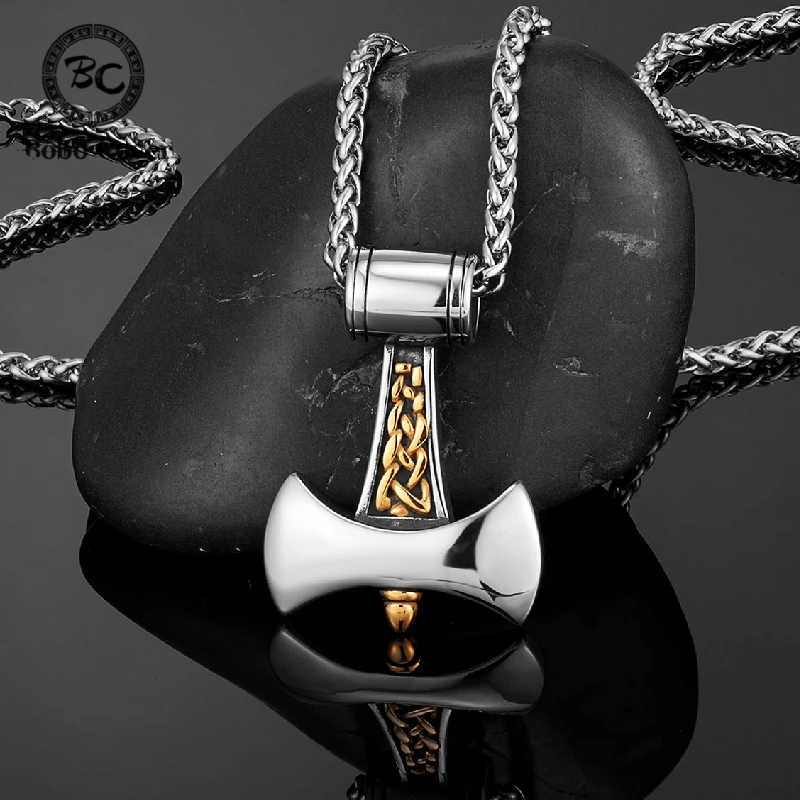 Vikings Axe Anchor Necklaces Men Titanium Steel Gold Color Norse Rune Hammer Amulet Pendant Self-defense Never Fade Male Jewelry |