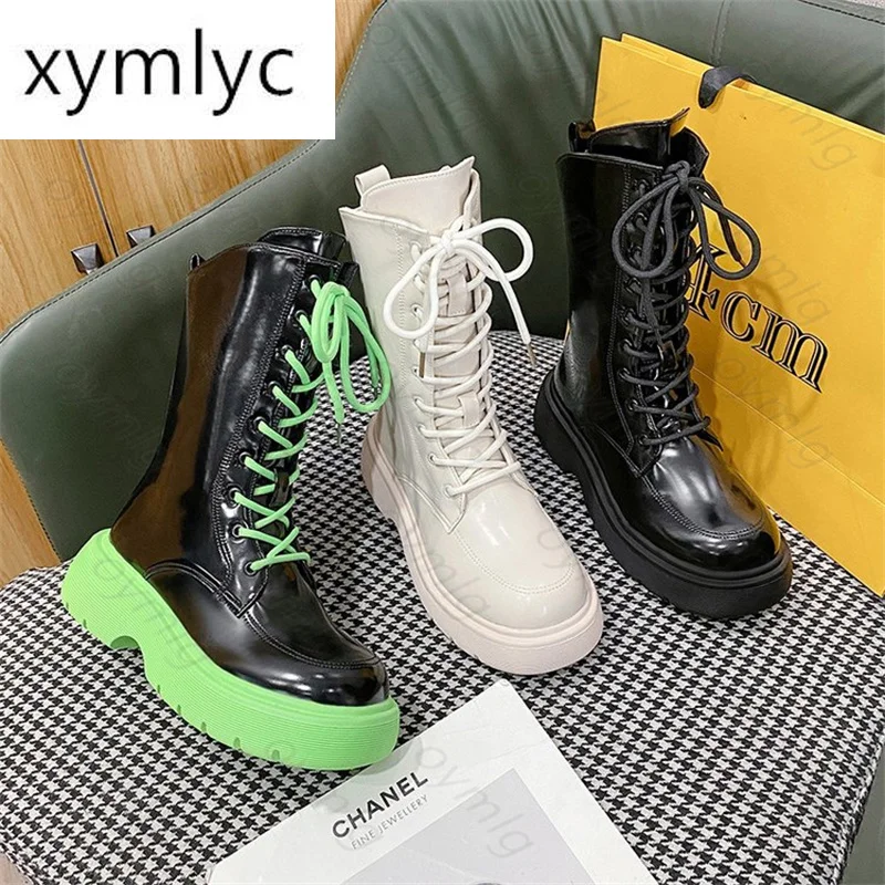 Женские высокие Полусапоги со шнуровкой на толстой подошве|Сапоги до середины