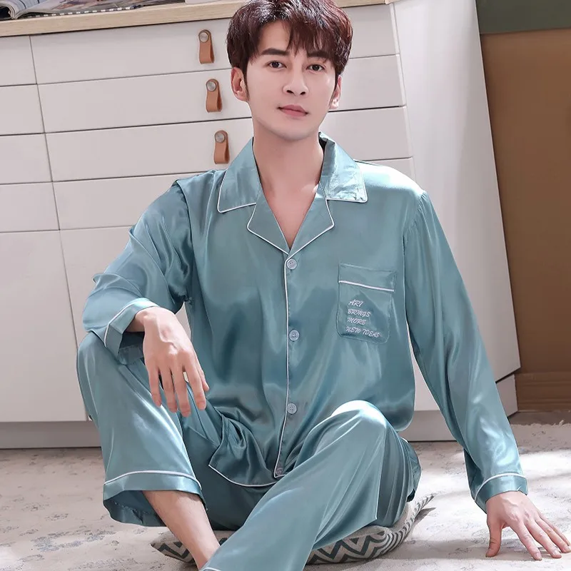 

Spring Autumn Male 2PCS Pajamas Suit Silky Satin Sleepwear Shirt&Pants Casual Home Clothes Pyjamas Men Nightwear Homewear