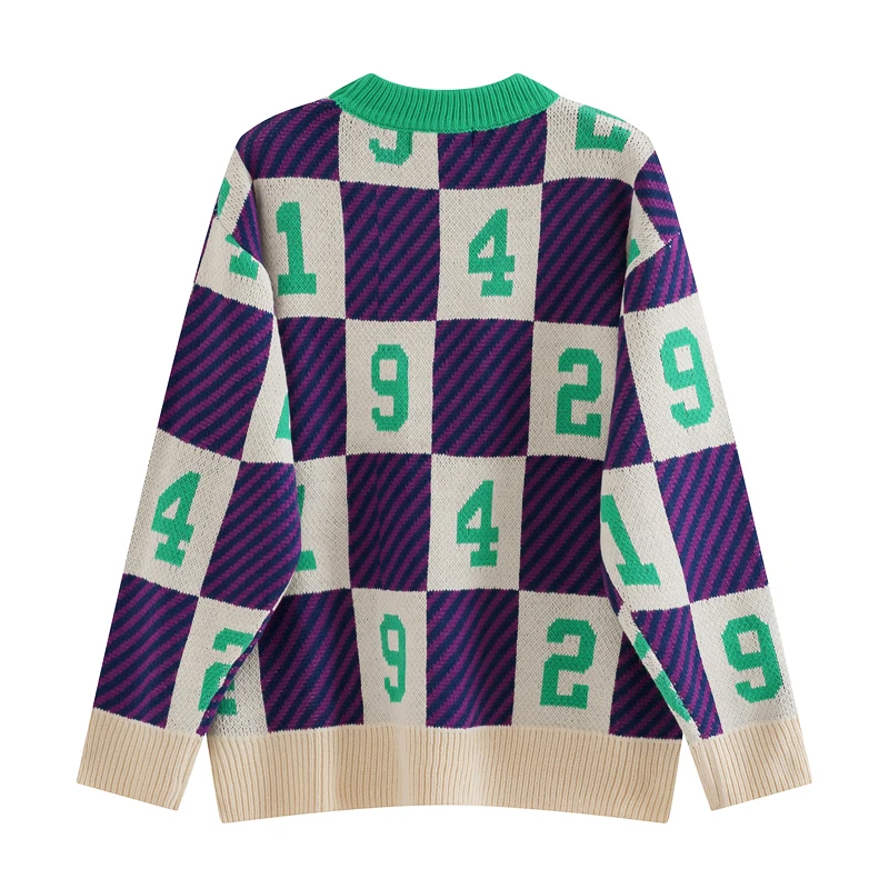 Loose New Vintage Fashion Women Winter Sweater Digital Jacquard Square Lattice Stripe Long Sleeve Ladies Thick Warm Knitted Tops |