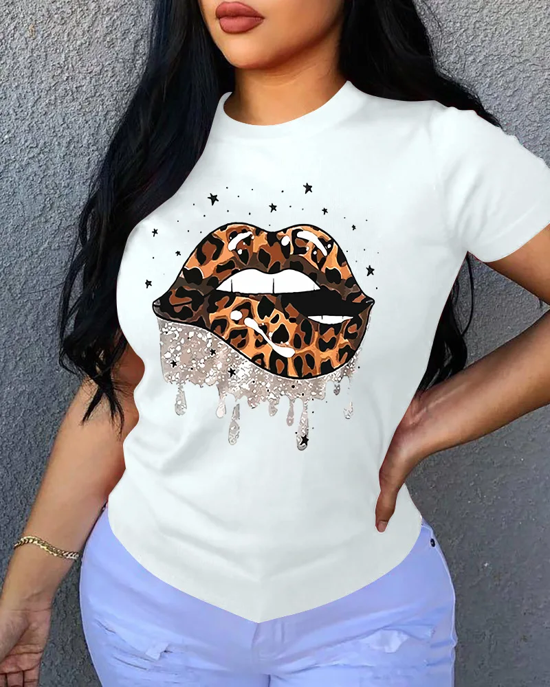 

2021 Summer New Women's Printed Lips round Neck Short Sleeve T-shirt