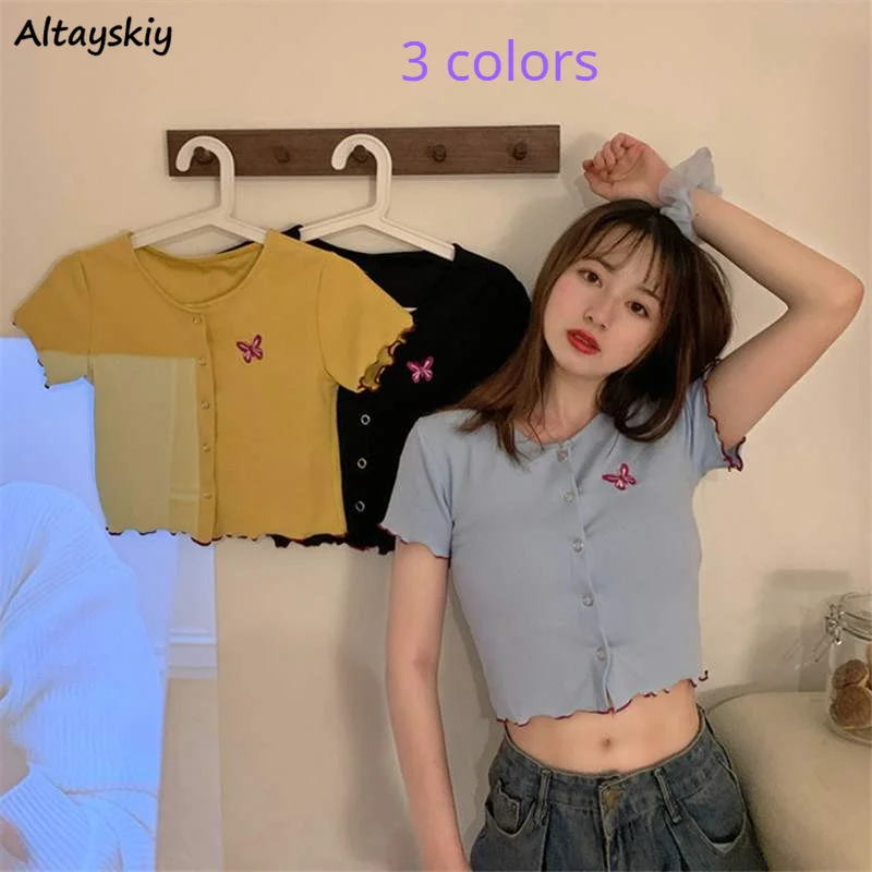 

T-shirt Women Crop Top Slim Embroidery 3 Colors Leisure Retro Sweet Ulzzang Ladies Trendy Harajuku Hot Sale Popular Comfortable