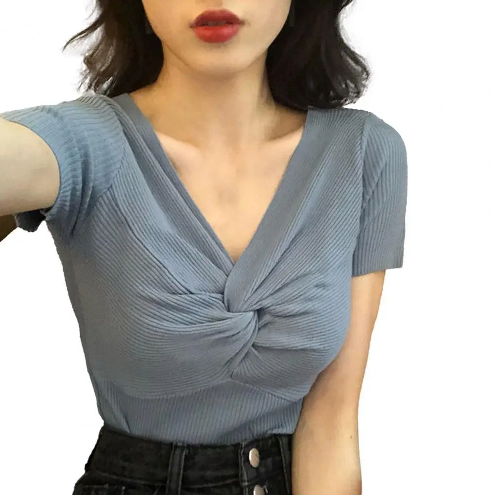 

Women Short Sleeve Stretch Knitted T-shirt V-neck Cross Wrap Tops Streetwear Women Clothing женское платье