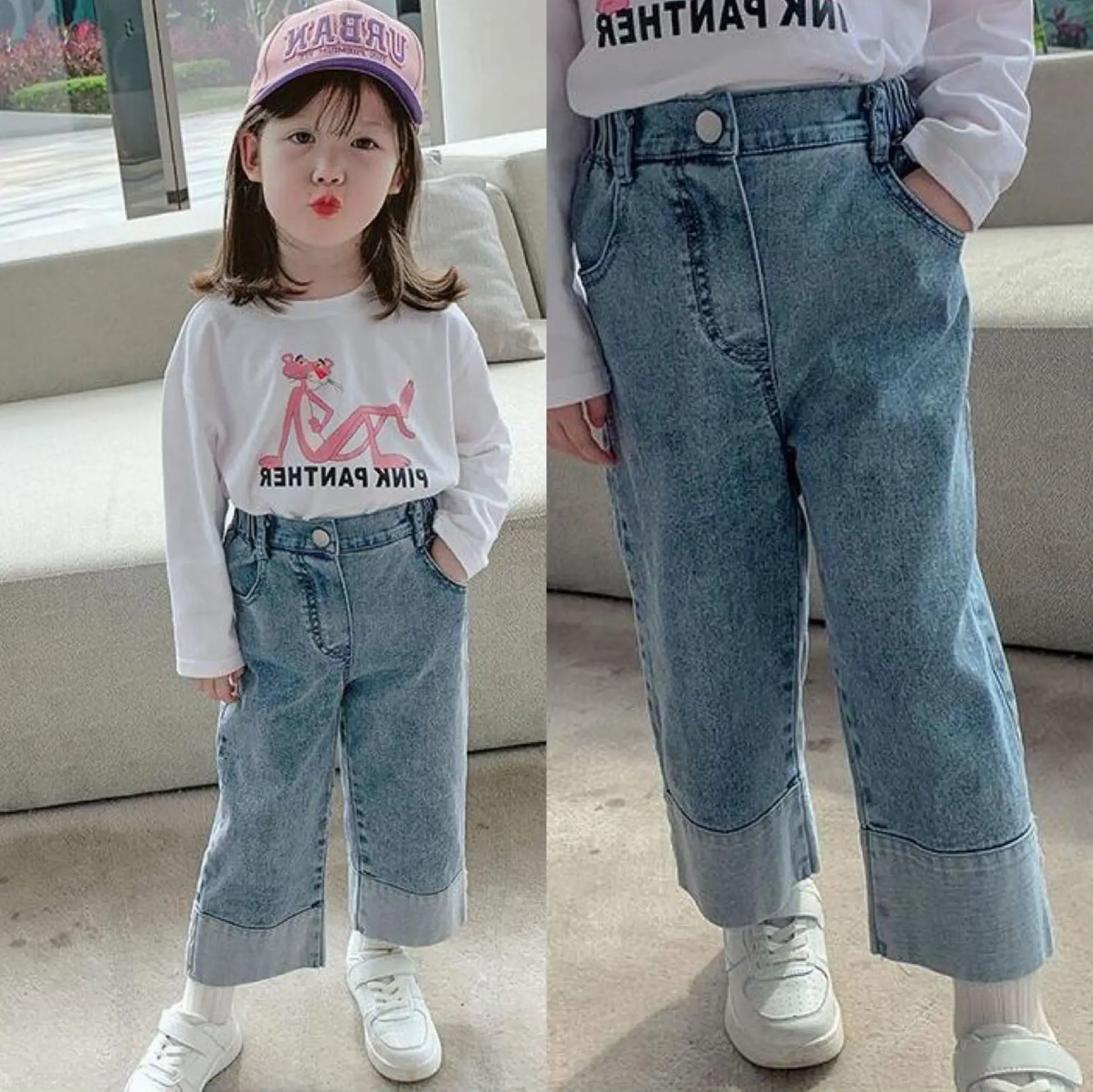 

Jeans Girls Solid Vintage High Waist Wide Leg Denim Trousers Simple Kids All-match Loose Pants