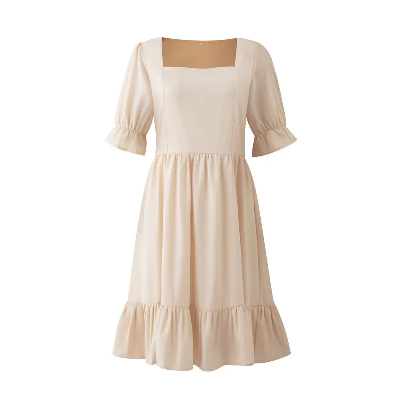 

Fashion Vintage Short Sleeve Lady Party Dress Elegant Square Collar Solid Summer Dresses Women Casual Ruffle Mini Dress Vestidos
