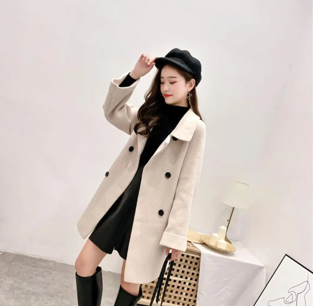 

Coat 2019 Autumn And Winter New Long Belts Slim Tmperament Woolen Coat Beige bBack red
